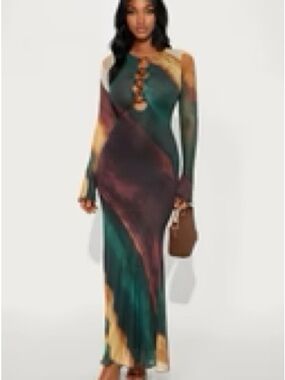 Fashion Nova Green Brown Multi-Color Long Sleeve Maxi Dress with Lace-Up Front